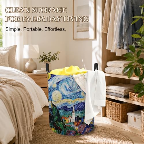 Image of Starry Night Laundry Basket Oxford Cloth Village Laundry Hamper With Handle Foldable Portable Clothes Storage Basket Storage Bag For Laundry Room /Bathroom /Bedroom /Dormitory 20.8 inchx16 inch