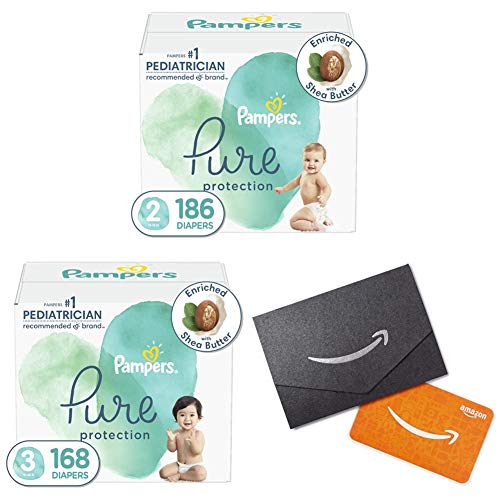 Diapers Size 2, 186 Count - Pampers Pure Protection Disposable Baby Diapers, Hypoallergenic and Unscented Protection with Diapers Size 3, 168 Count and Amazon.com Gift Card in a Mini Envelope