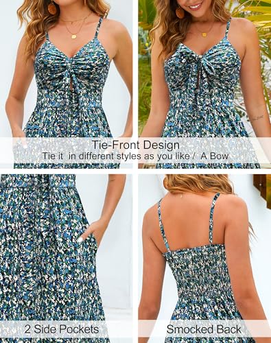 Image of Kranda Women 2026 Summer Sundress High Waist Tie Front Spaghetti Strap Long Beach Floral Tiered Maxi Dress with Pockets