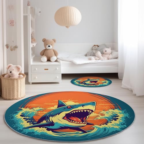 Genérico Alfombra Redonda para Sala de Estar 90 cm, Retro Tiburones Olas del Mar Atardeceres Imprimir Pelo Corto Franela Alfombra Redonda - Azul Antideslizante Lavable Alfombras para Dormitorio