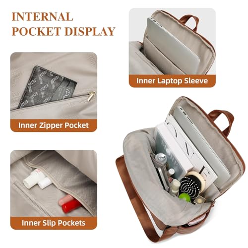 Image of KKXIU Backpack Purse for Women - Multi-pocket Leather backpack for Travel, Work & School with Anti-Theft Lock Pocket, Luggage Strap & Water Bottle Pockets - 13x14x5.2 Inch (B-Brown)