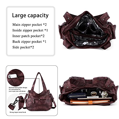 Image of Purses Women Handbags Large Double Zipper Multi Pocket Washed Shoulder Bags Purse with compartments Designer