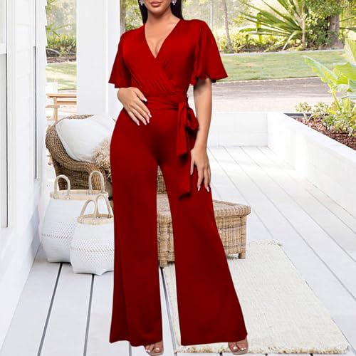 Image of PaladMom Womens Elegant Plus Size Jumpsuits Sexy Back zipper Short Sleeve Mid Waist Wide Leg Straight Rompers