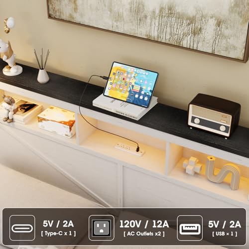 Image of Vabches Farmhouse Full Size Bed Frame with 48 inch Tall Storage Headboard, Wood Bedroom Platform Bed Frame No Box Spring Needed, 4 Storage Drawers Underneath, Adjustable LED Lights, Charging Station