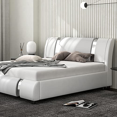 Imusee Queen Size Platform Bed Frame With Luxury Solid Faux Leather Upholstery, Adjustable Headboard With Iron Piece Decoration, Mattress Foundation With Wood Slat Support, No Box Spring Needed, White #TOP1