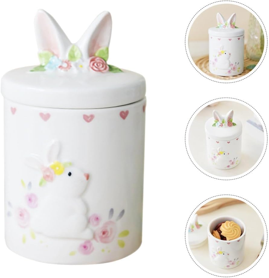 BESTOYARD Ceramic Easter Bunny Cookie Jar,Candy Dish Rabbit Bowl Serving Jewelry Snack Tray Rabbit Sculpture Food Storage Canister with Lid for Eater Party Tea Cookie Table Decoration