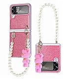 TopFunny Cases for Galaxy Z Flip 4 Glitter Case Cute Pearl Bracelet Lanyard with Cartoon Bear Sparkl