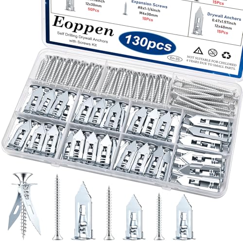 Image of 130Pcs Self Drilling Drywall Anchors with Screws Kit, Metal Self Drilling Anchor Screws, 5 Sizes Silver Drywall Grip Anchors and Screws for Sheetrock, Hollow Wall, Picture Frames, Wall Decor