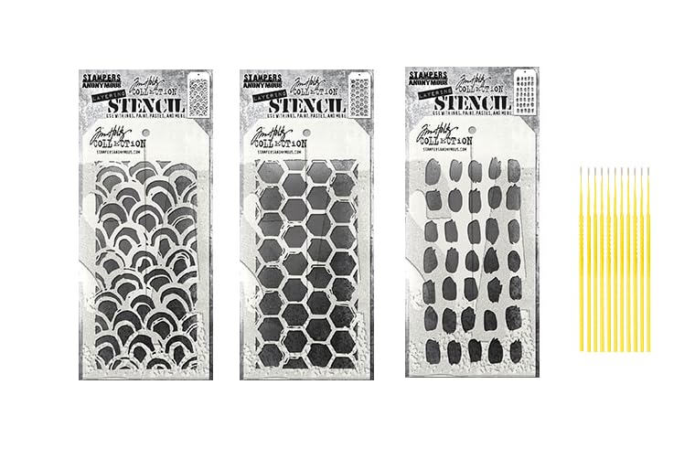 Tim Holtz Collection Stencil Bundle - Brush Hex, Brush Arch, and Brush Mark Layering Stencils - with Trebbies Detail Sticks