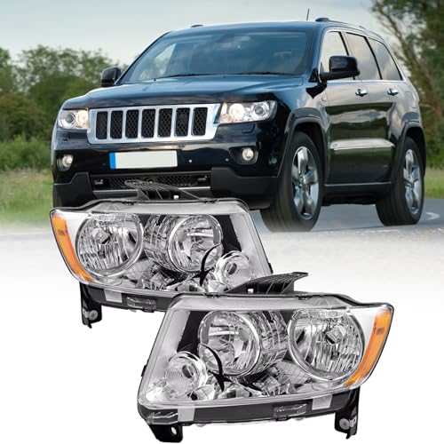 Headlights Assembly Compatible with 2011-2013 Jeep Grand Cherokee 2011-2017 Compass Halogen Headlamp Assembly Driver and Passenger Side (White)