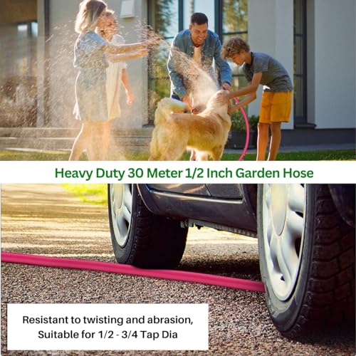 Image of ecofynd 30 Meter /100 Feet, 1 /2 Inch Flexible PVC Pink Water Pipe, Heavy Duty Long Pipes with Hose Connectors & Clamps, Home Garden, Car Wash, Floor Clean, Park Cleaning, Outdoor Indoor Use