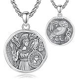 EUDORA Athena Greek Goddess Owl Necklace Sterling Silver S925, Vintage Athena Goddess Guardian of Wisdom and Strategy Owl Coin Pendant Guardians of Women's Power Jewelry Gifts for Women, 20"+2"