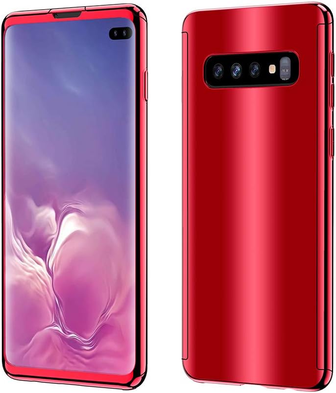 DESCHE for Samsung S10 Plus case, 360° protection ultra-thin lightweight electroplating mirror bumper, 2 in 1 hard shell PC phone case + Protective film - Red