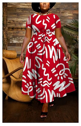 Image of Hostoyo Women Plus Size Formal A Line Maxi Dress Self Tie Waist with Pockets Elegant Round Neck Swing Long Dresses