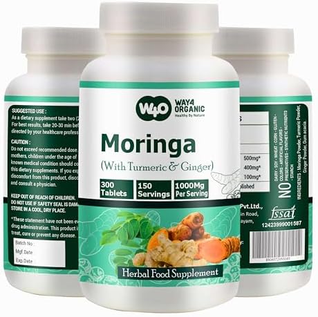 Moringa Tablets with Turmeric and Ginger, 300 Pills, 5 Month Supply, 150 Serving, 1000 Mg per Serving. One Capsule with Multiple Benefits – Supports Digestive Health(Pack of 1)