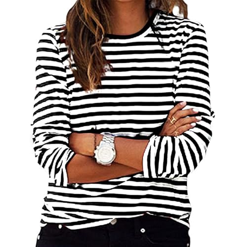 Ybing Gestreift Langarmshirt Damen Y2K Ringelshirt Casual Rundhals Bluse Locker Langarm Tshirt Leichte Pullover Bequem Sport Longshirt Baumwolle Longsleeve Oberteile Basic Tops Tunika