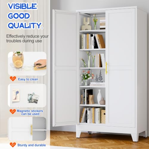 Image of GAIOUS 79 inch Tall New Update Kitchen Pantry Cabinet, Metal Storage Cabinet | with 2 Doors and 5 Adjustable Shelves, Steel Cupboard for Kitchen Dining Bathroom Bedroom, White, Freestanding, Wider Deeper
