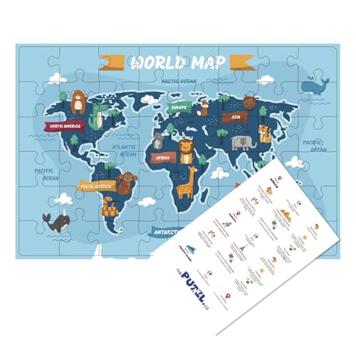 Image of World Map Jigsaw Puzzle for Kids, 48 Pieces Educational Toys for 3+ Year Old, Brain Game, Ocean & Continent Facts Flash Cards, Fun Games, Montessori Toys, Diwali Gift, Birthday Gifts