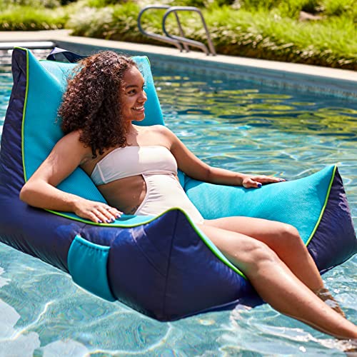 Big Joe Captain's Float No Inflation Needed Pool Lounger With Drink Holder, Navy/Aqua Mesh, Quick Draining Fabric, 3 Feet #TOP2