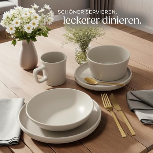 tectake® 30-tlg. Kombiservice, Geschirrset, Tafelservice 6 Personen, Steingut Geschirr Set, Teller Set mit Schalen, Kaffeetassen, Speiseteller, Frühstücksteller, tiefe Teller und Schüsseln - taupe