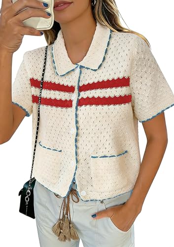 Image of Yousify Womens Casual Summer Short Sleeve Sweaters Button Down Crochet Knit Tops 2026 Loose Cute Cardigan Sweater