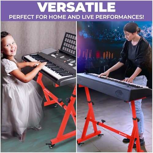Image of Liquid Stands Keyboard Stand w / Wheels - Z Style Adjustable & Portable Professional Heavy Duty Digital Piano Stand - Fits 54-88 Key Electric Pianos - Sturdy Rolling Musical Keyboard Stand (Red)