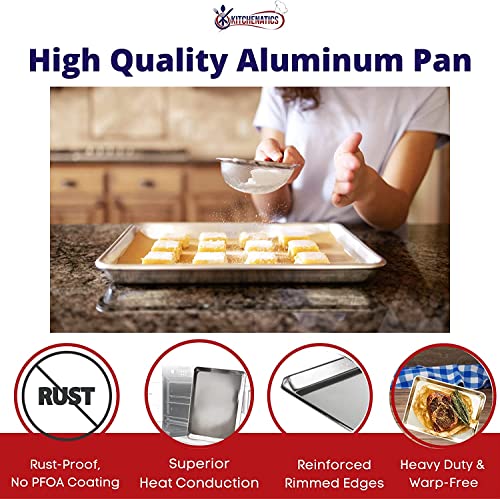 Image of KITCHENATICS Quarter Sheet Baking Pan Aluminum Nonstick Oven Safe Set 2 | Two quarter sheet pans sized for small convection ovens, small batches and everyday oven baking