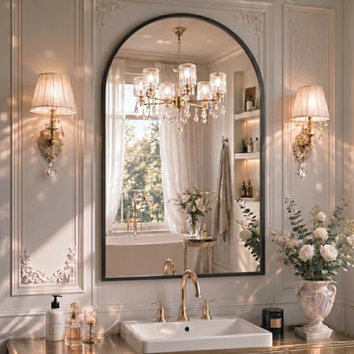 Image of 24 inchx36 inch Arched Black Bathroom Mirror - Metal Framed with HD Shatter-Proof Glass, Wall-Mounted for Over Sink, Entryway, Living Room, Bedroom