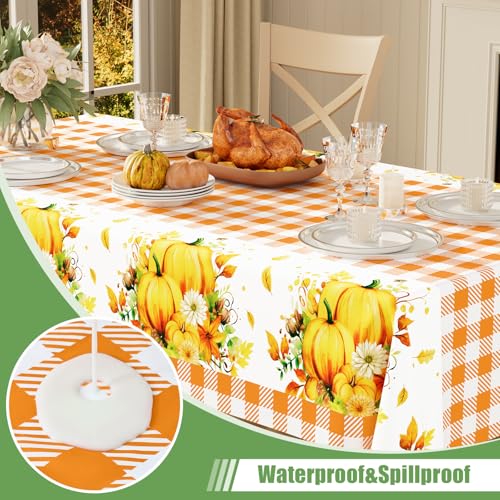 Image of Smiry Plastic Table Cloth Disposable 4 Pack, 54 x 108 Inch Rectangle Waterproof Tablecloth, Printed Gold Table Runner Style for Birthday Weeding, Party Decorations, Sturdy, Orange Pumpkin