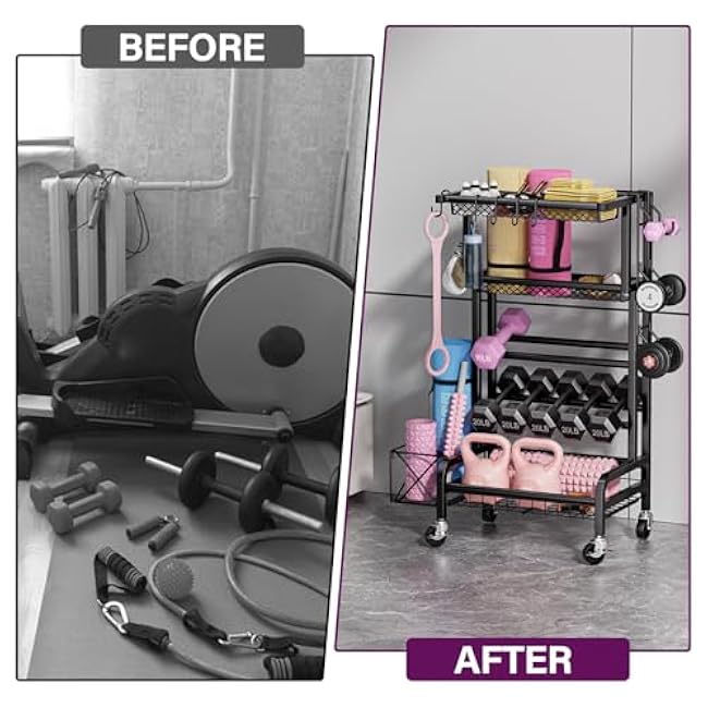 Dumbbell Rack, Weight Rack for Home Gym Storage Rack with Lockable Wheels & Hooks, Workout Equipment Storage for Yoga Mat Foam Roller Kettlebells Resistance Bands