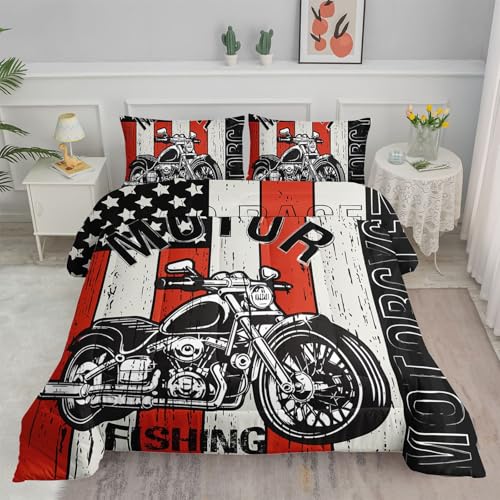 Image of Vintage Motorcycle Comforter Set American Flag Printed Bedding Set with 1 Comforter and 2 Pillowcases for Boys and Girls Bedroom All Season(Motorcycle Queen)