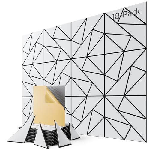 Image of 18-Pack Felt Acoustic Panels,12 inchx12 inchx0.4 inch Soundproof Wall Panels, Peel & Stick Sound Proof Foam Panels for Walls, Geometric Noise Reduction Panels for Home Office,Studio (White on Black)