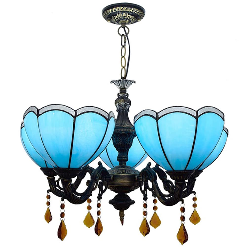 FYZDLAOR Blue Vintage 5-Light Chandelier,Adjustable Pendant Light Light Fixtures,Tiffanystyle Stained Glass Hanging Light Wide 25 Inch with Crystal Pendant