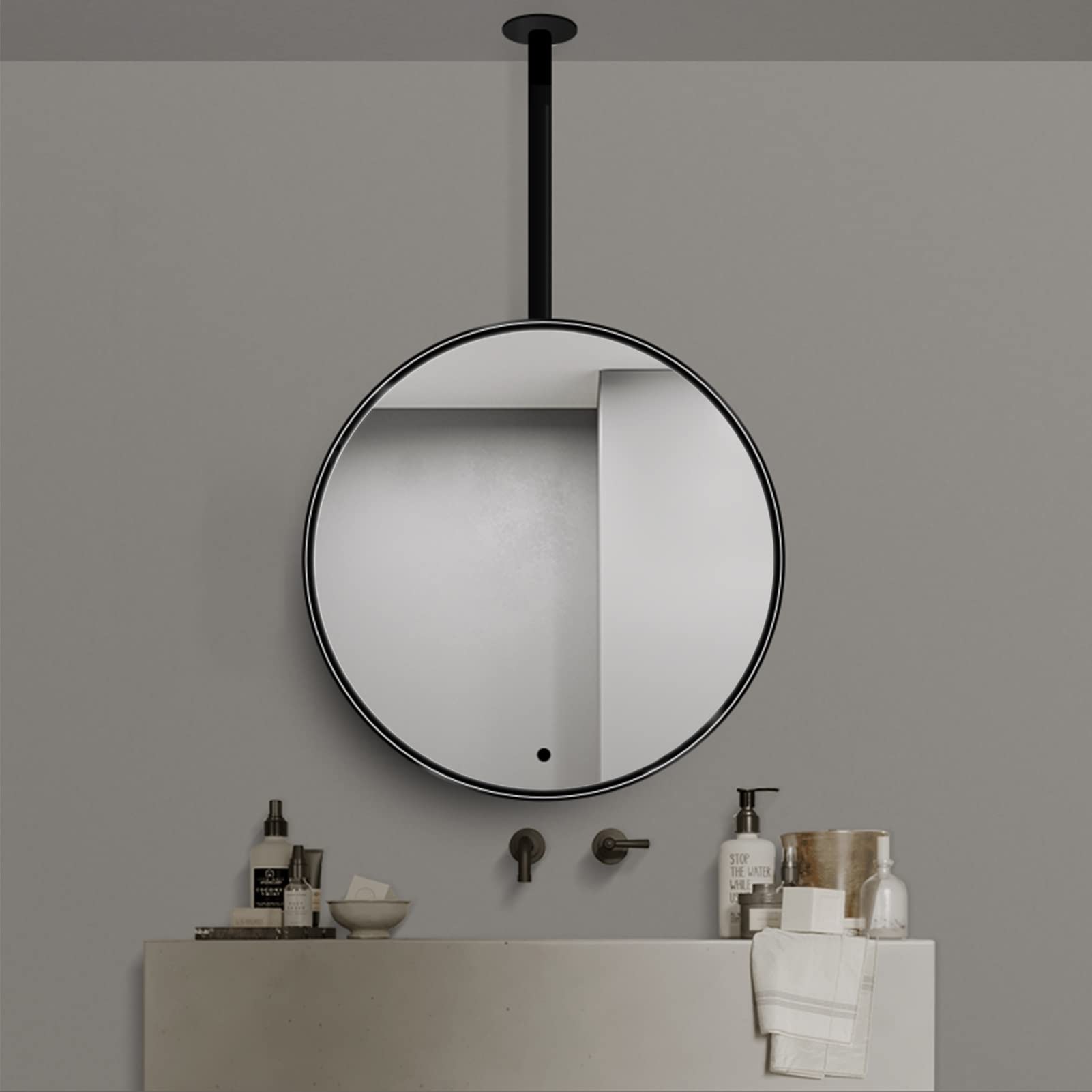 Miroir rond suspendu de 70 cm avec cadre en métal noir