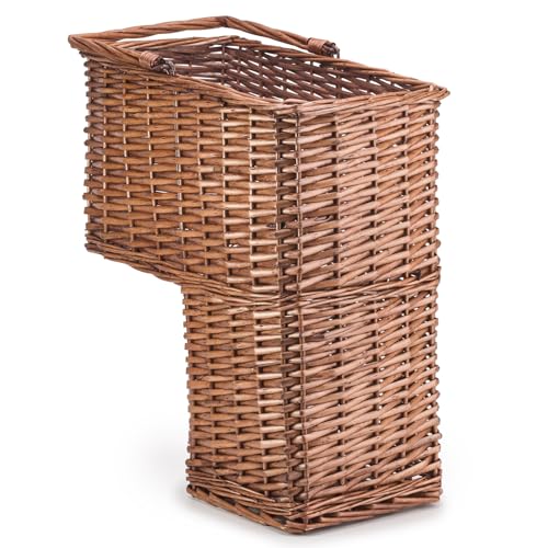 Woodluv L-Shape Large Wicker Step Basket With Insert Handle, Step Tidy Storage Basket, Bin for Laundry, Toys, Household Items, Staircase Storage Basket Organiser, Natural, 38 x 21 x 40 cm