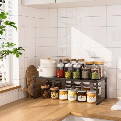 Image of Expandable Adjustable Stackable Kitchen Organizer,Pantry Storage Shelves Racks,for cabinets Shelf, Kitchens, countertops, bathrooms,RV(1Pack /Black,Medium)