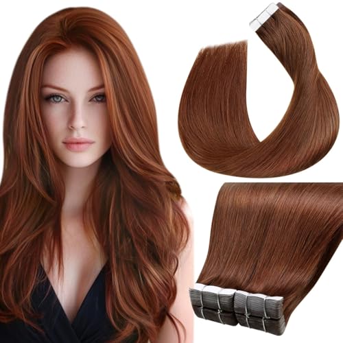 Image of LaaVoo Tape in Extensions Human Hair Auburn Brown Hair Extensions Tape in Seamless Tape on Hair Extension Soft Hair 16inch 40pcs 100g