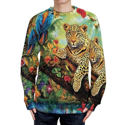 Tropical Forests Parrots and Leopard Men's Crew Neck Sweater Knit Pullover Women Casual Long Sleeve Crewneck Loose Fit Top
