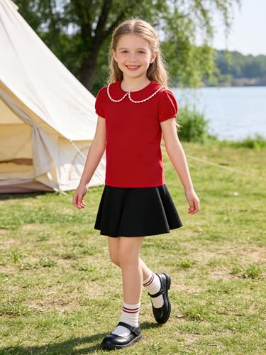 Image of 12M-14Y Toddler Baby Girls Peter Pan Collar Blouse Kids Girl Solid Color Puff Sleeve T-Shirts Casual Tee Tops