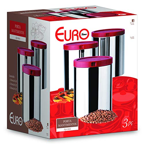 Porta Mantimentos Inox 3 Peças com Tampa, Euro, Vermelho