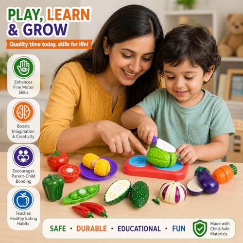 Image of PLUSPOINT Vegetable Cutting Toy Set for Kids, Pretend Play Kitchen Toys with Slicing Veggies, Toddler Learning Toys, Educational Play Food Set with Knife & Cutting Board, Gift for Boys Girls
