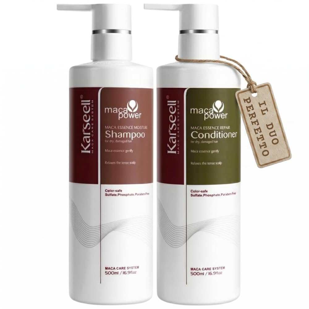 Karseell MACA CARE SYSTEM Set Shampoo Idratante + Balsamo Riparatore Capelli Secchi Danneggiati Colorati Ricci Lisciati Nutriente Anticrespo Collagene Argan Maca Professionale Senza Solfati 2x500ml