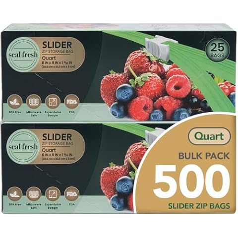 Seal Fresh Quart Slider Storage Bags (500 Count) with Expandable Bottom, BPA Free, Microwave Safe – Clear Storage Bags, Ziplock Bag Organizer, Large Storage Bags, Reusable Freezer Bags Cover