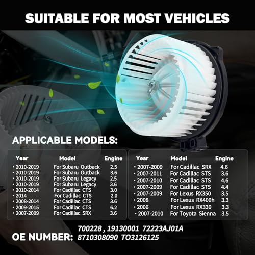 Image of 700228 AC Heater Blower Motor Fan Fit for Lexus RX330 RX350 RX400h,for Subaru Outback, Legacy for Cadillac SRX STS CTS,for Toyota Sienna 19130001 72223AJ01A 8710308090 TO3126125