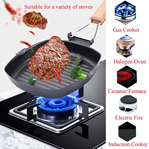 Non Stick Grill Pan For Stove Top, Striped Square Griddle Pans With Folding Wooden Handle,Steak Bbq Bacon Frying Skillet Pan For Cooking Camping,11Inch #TOP4