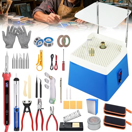 34pieceStained Glass kit, Stained Glass Grinder,with Automatic Water Filling Function Glass Grinder for Stained Glass,5/8 GrindingDrill bit,Equip with Glass Cutting Kit Soldering Kit