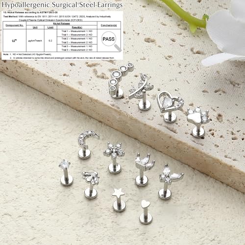 YADOCA 12Pcs Flat Back Stud Earrings Hypoallergenic Surgical Steel Stud Earrings for Women 14K Gold Filled Earrings 18G 16G Cartilage Medusa Conch Helix Tragus Piercing Jewelry 6mm 7mm 8mm 10mm Length 6