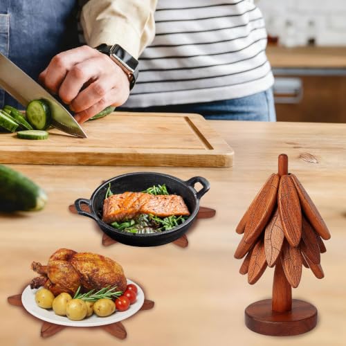 Wooden Trivet Set with Stand, 5 Pcs Tree Leaf Anti‑Slip Pattern Hot Pot Holders for Kitchen, Heat Resistant Wood Coasters for Hot Dishes, Pans, Teapots - Decorative Countertop Storage (Texture- 5 Pcs) - image 4