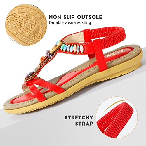 Zriey Flat Sandals For Women Summer Open-Toe Elastic Ankle Strap Low Heel Sandals Comfortable Insole Slip-Resistant Shoes Ideal For Wedding Party Drive Beach Trip Vacation Red Size 10 #TOP1