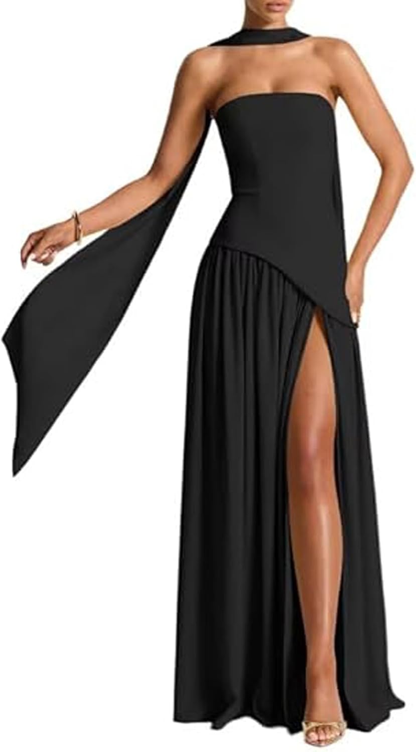 Women's Elegant Strapless High Slit Tube Dress Flowy Evening Wedding Guest Maxi Dresses with Scarf